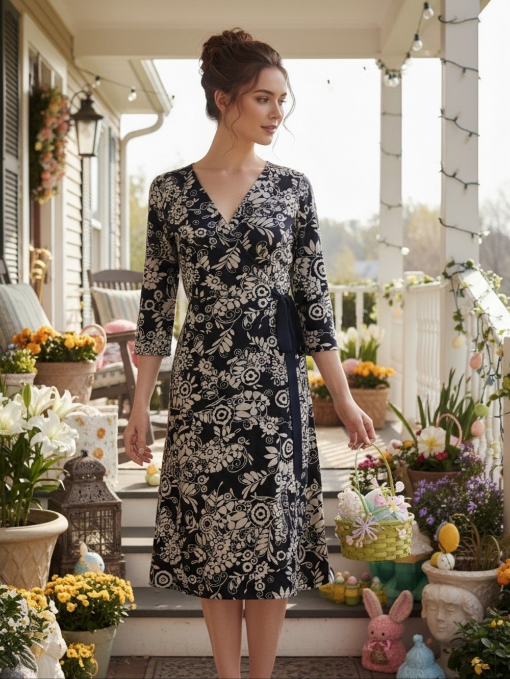 Ann Taylor LOFT Dark Navy & Tan Midnight Petal Midi Wrap Dress – Size 10